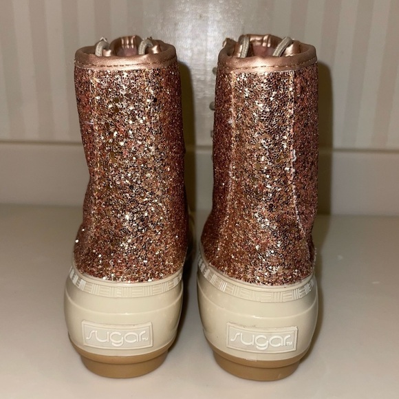 Sugar “Skipper” Rose Gold Glitter Lace Up Rain Snow Duck Boots - Picture 13 of 16